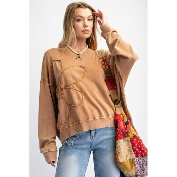 easel Tops - Flower Child French Terry Pullover Top in Toast